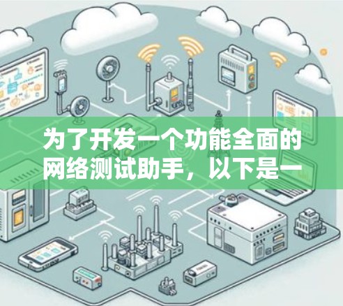 为了开发一个功能全面的网络测试助手，以下是一个结构化的解决方案，涵盖了从设计到实现的各个方面