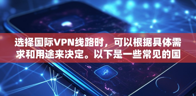 选择国际VPN线路时,可以根据具体需求和用途来决定。以下是一些常见的国际VPN线路选择建议和注意事项 选择国际VPN线路时,可以根据具体需求和用途来决定。以下是一些常见的国际VPN线路选择建议和注意事项